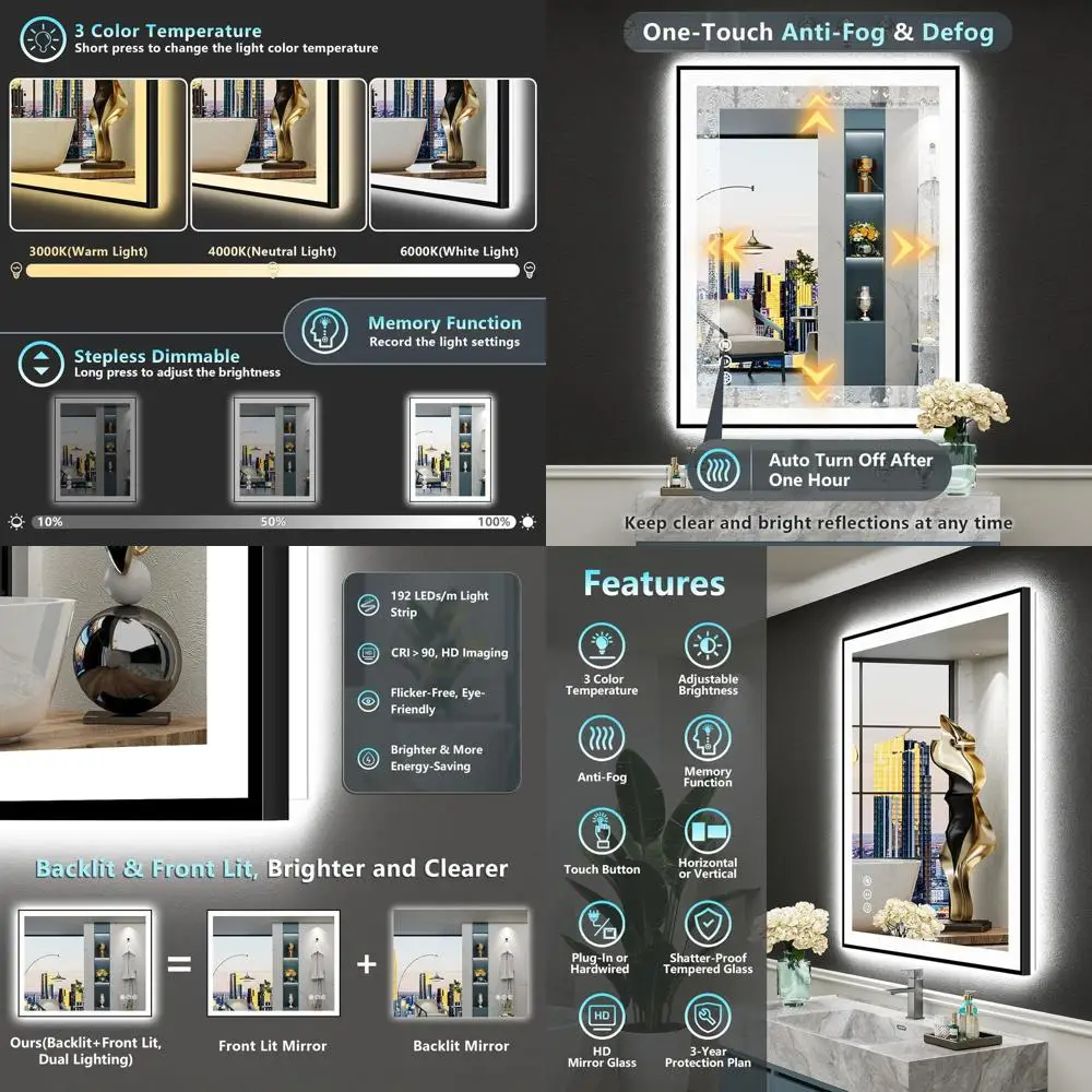 

LED-Illuminated Anti-Fog Bathroom Mirror, 24x30, Black Frame, Tempered Glass, 3 Color Options, Dimmable, Memory Function