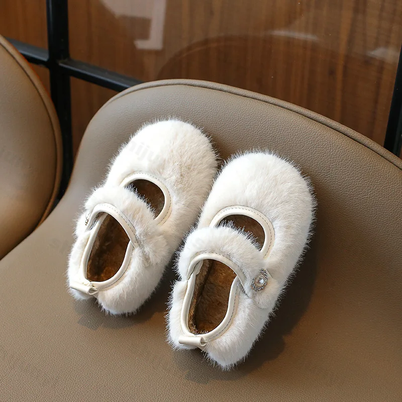 Winter 2025, Mädchen-Ballerinas, luxuriöse künstliche Nerzpelz-warme Plüsch-Mary-Jane-Schuhe, bequeme rutschfeste Lederschuhe für Kinder