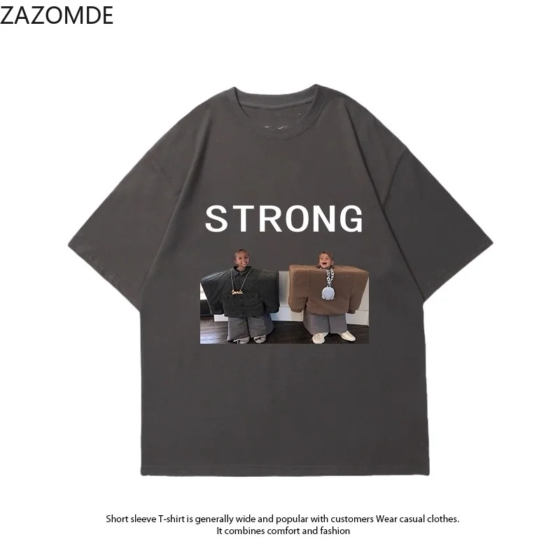 ZAZOMDE Street Hip Hop Funny Graphic T Shirt Unisex Loose O Neck Short Sleeve Tops STRONG Letter Meme Casual Summer Tees top