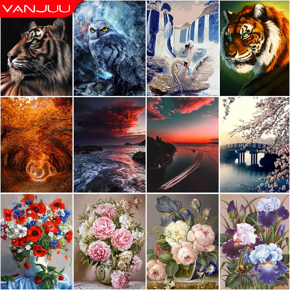 

Flowers 5D Diamond Painting Swan Sunset Over Sea DIY Diamond Painting Mosaic Full Drill Diamond Embroidery Painting Home Decor