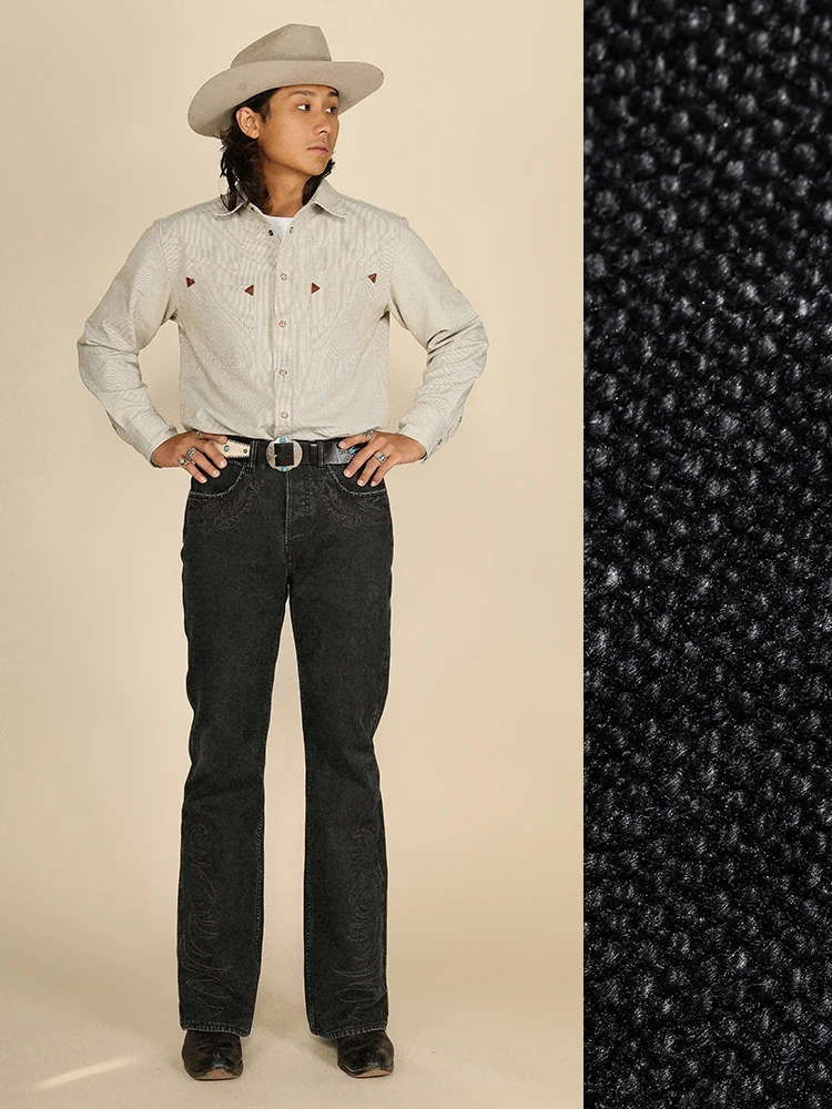 

MBBCAR Western Series Narrow Canvas Pearl Dot Bell Bot Hand Waed Embroidered Youth Casual Cotton Trousers