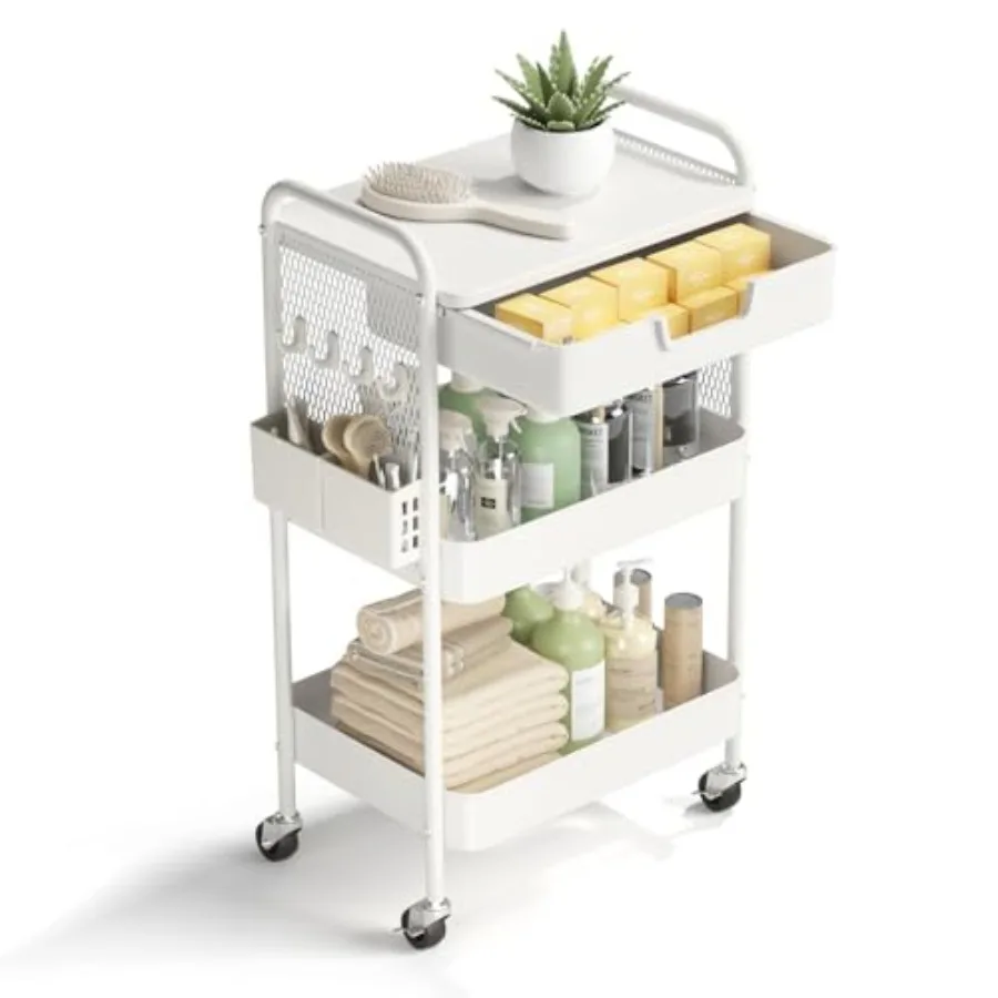 

3 Tier Rolling Cart with Drawer, Metal Rolling Utility Cart on Wheels with Pegboard, Art Cart Storage Organizer with Tabletop f