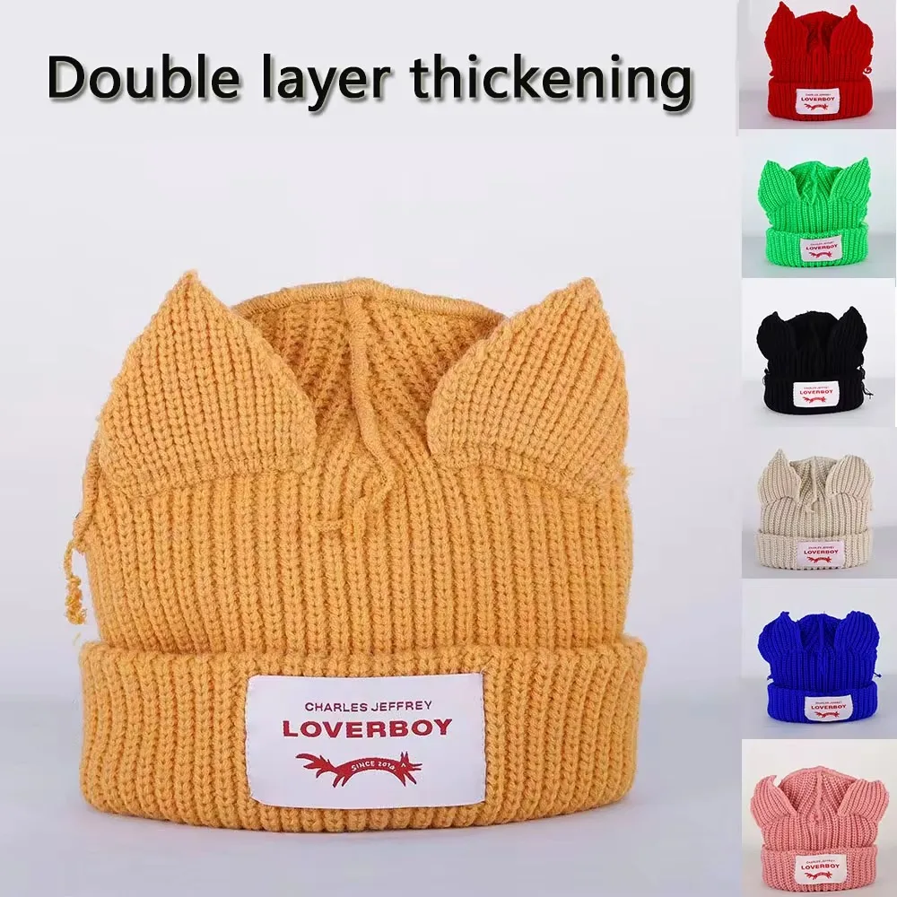 Fashion Double-layer Loverboy Cat Ear Knit Hat Hooded Cap Warm Pig Ear Woolen Hat Soft Niche Design Cold Hat Autumn and Winter