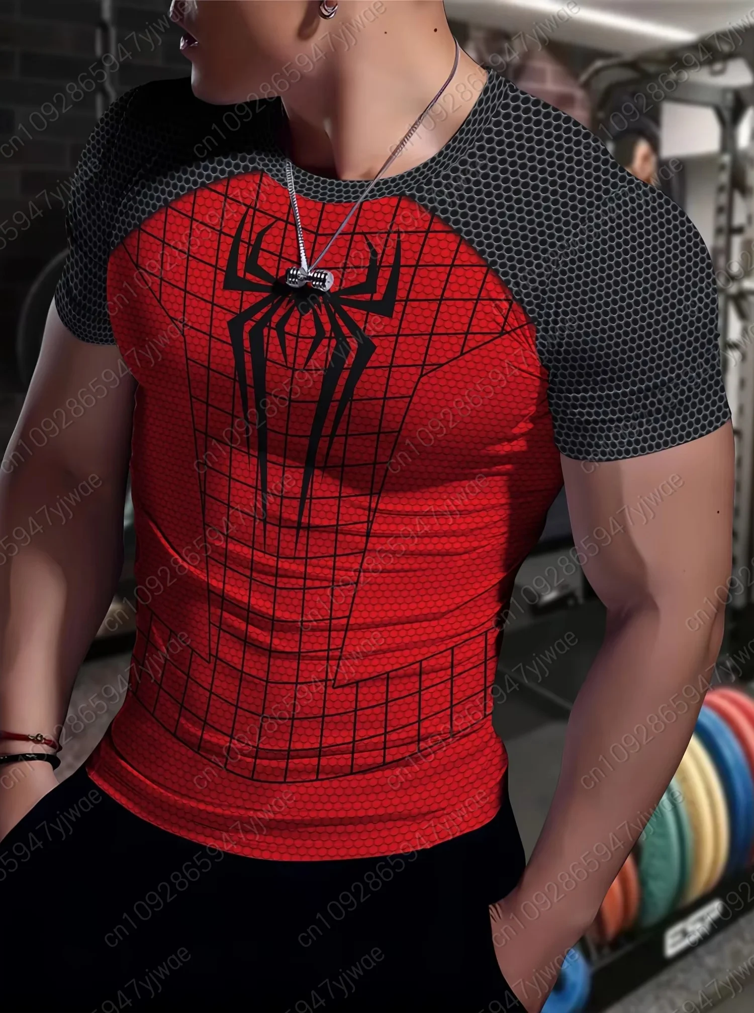 2026 Spider Grid Print Mens Gym Muscle Training T Shirt Jogging Short Sleeve Quick Drying Running Men plus size Clothing Tops