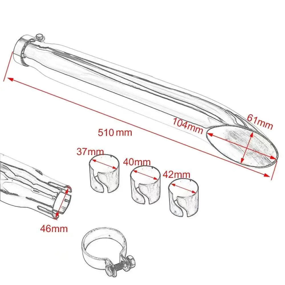 Universal Motorcycle Exhaust Muffler Pipe 510mm Fish Mouth Tail  37-42mm Inlet Retro Cafe Racer Bobber Custom Bike Parts