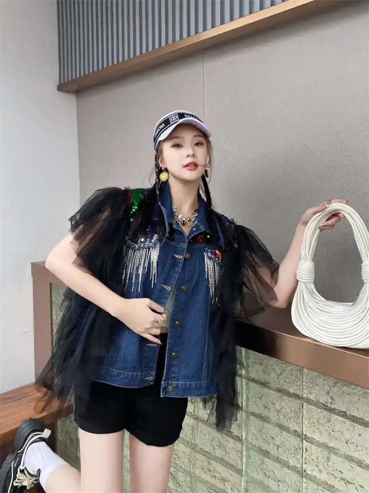 Fashion Brand Heavy Industry Colorful Crystals Tassel Denim Vest Female 2024 Summer New Loose Mesh Patchwork Vest Cardigan Women