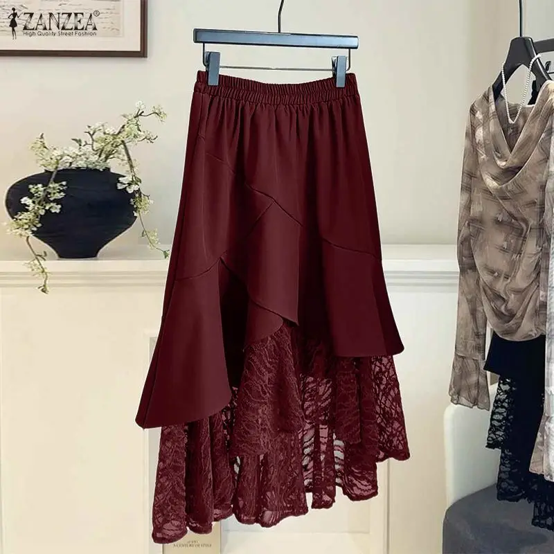 2026 ZANZEA Women Elegant Lace Patchwork Skirts Stylish Spring Hollow Out Party Jupe Autumn Elastic Waist A-line Faldas Saia