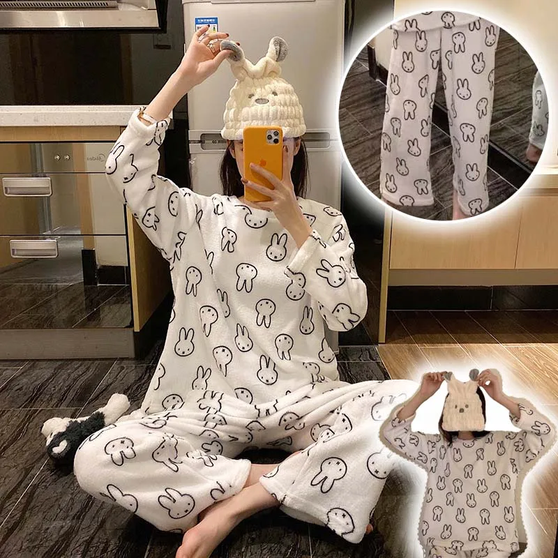 2 pièces/ensemble Miffy automne et hiver flanelle pyjama ensemble à la mode Anime imprimé vêtements de maison décontracté confort à manches longues ensemble cadeaux