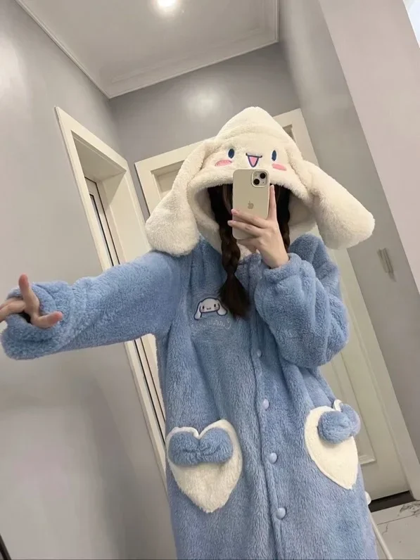 

New Sanrio Kawaii Anime Cartoon series Cinnamoroll Cute Girl's Autumn and Winter Pajamas Long Warm Nightgown Hot Selling