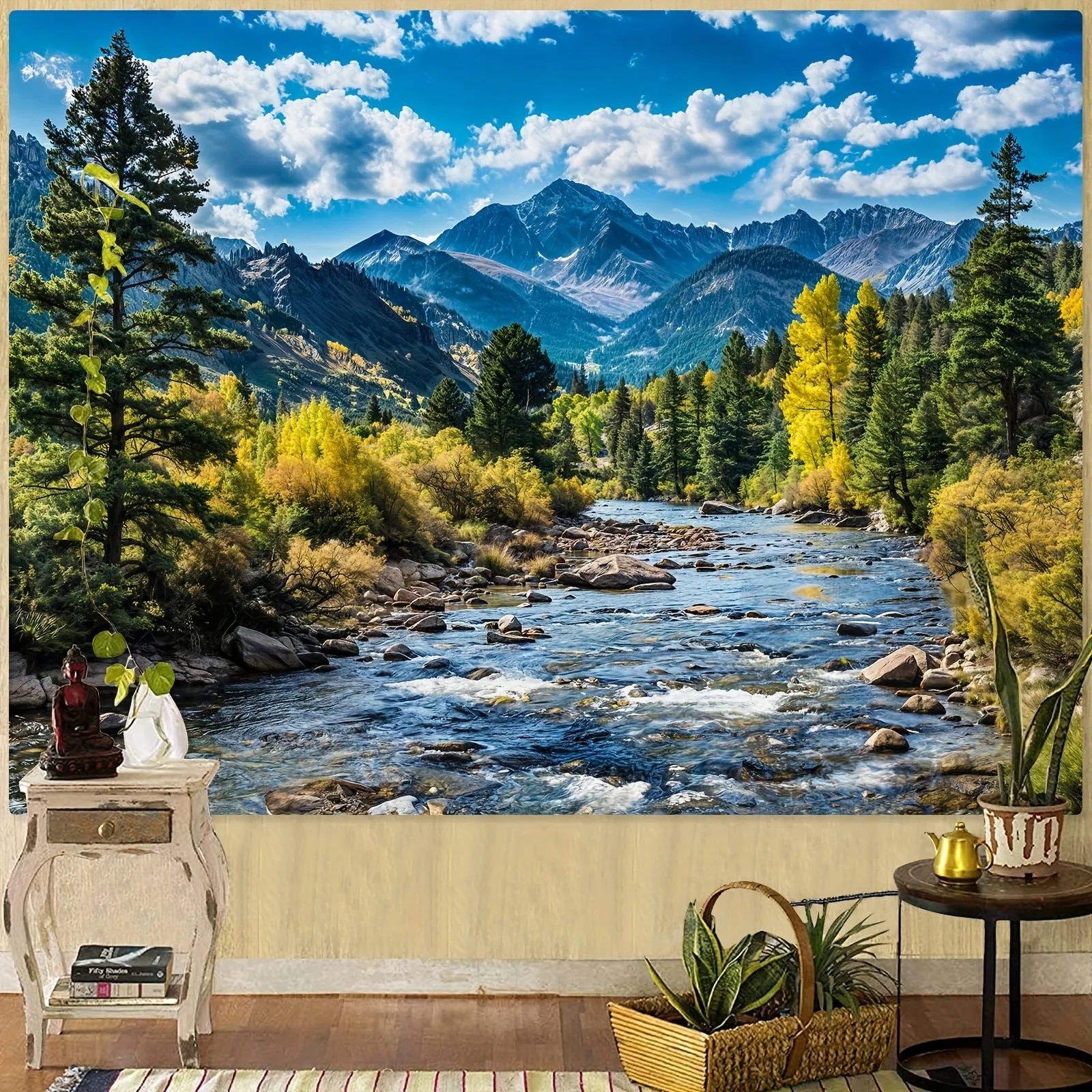 Mountain River Landscape Tapestry Realistic Nature Scenery Print Wall Hanging for Living Room Bedroom Home Decor