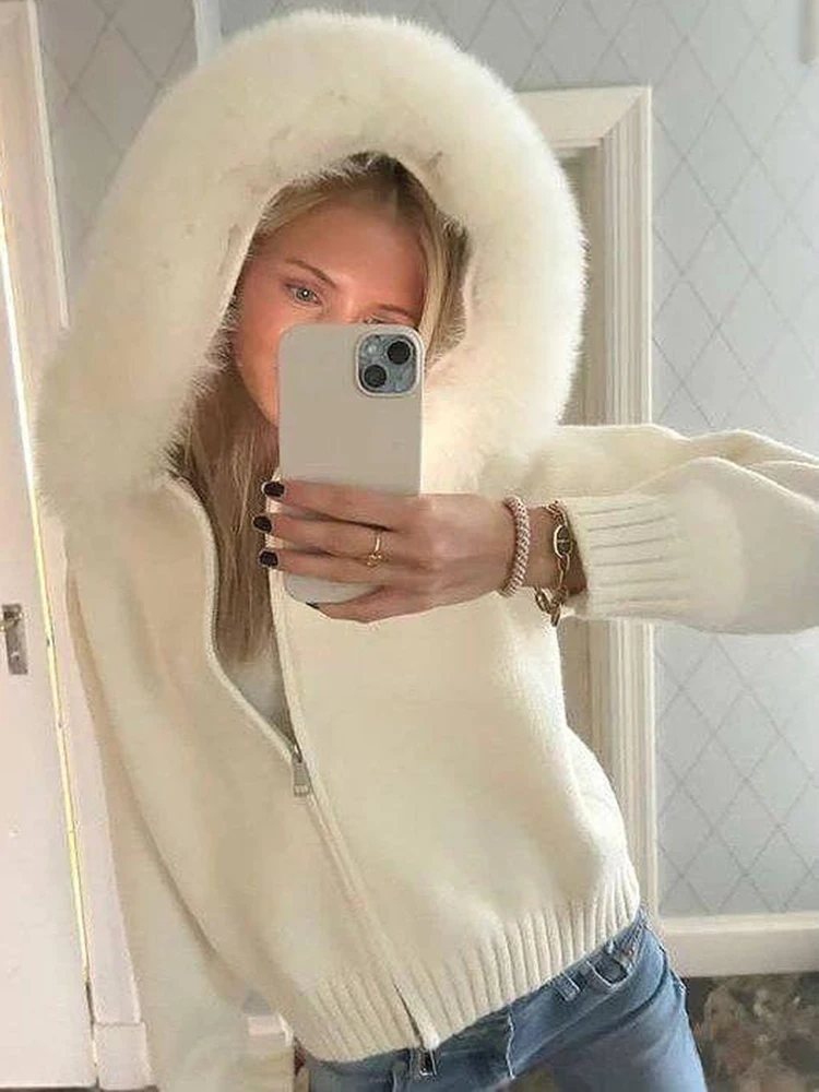 Winter Female Sweater Hoodie Cardigan Fluffy Zipper Patchwork Long Sleeve Ribbed Solid Knit jacket Coat Women Cardigan