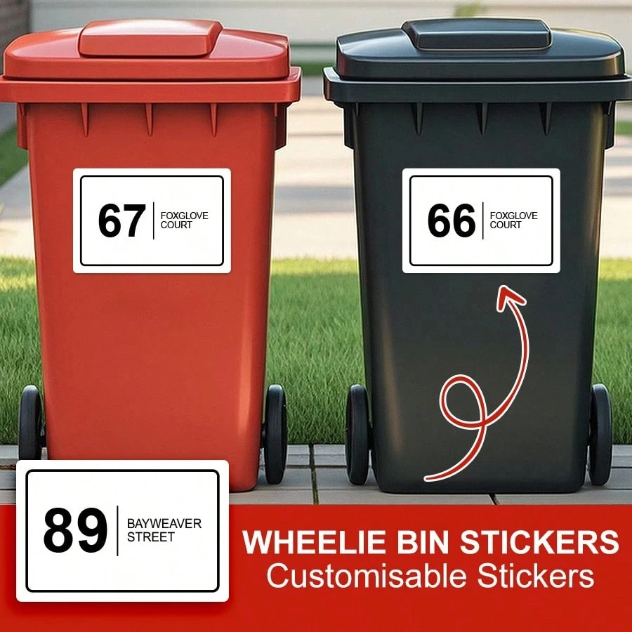 

Custom Wheelie Bin Stickers Personalized House Number Street Name Decals Vinyl Horizontal Design Weather-Resistant Durable Home