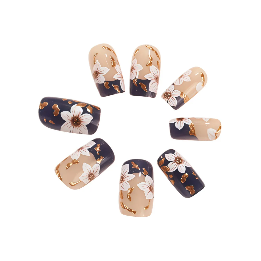 3D vergoldete künstliche Nägel Mittlere quadratische Form Frühlings-Sommerblumen rosa weiß blau schwarz rot Vollständige Abdeckungsspitzen zum Aufdrücken des Nagels