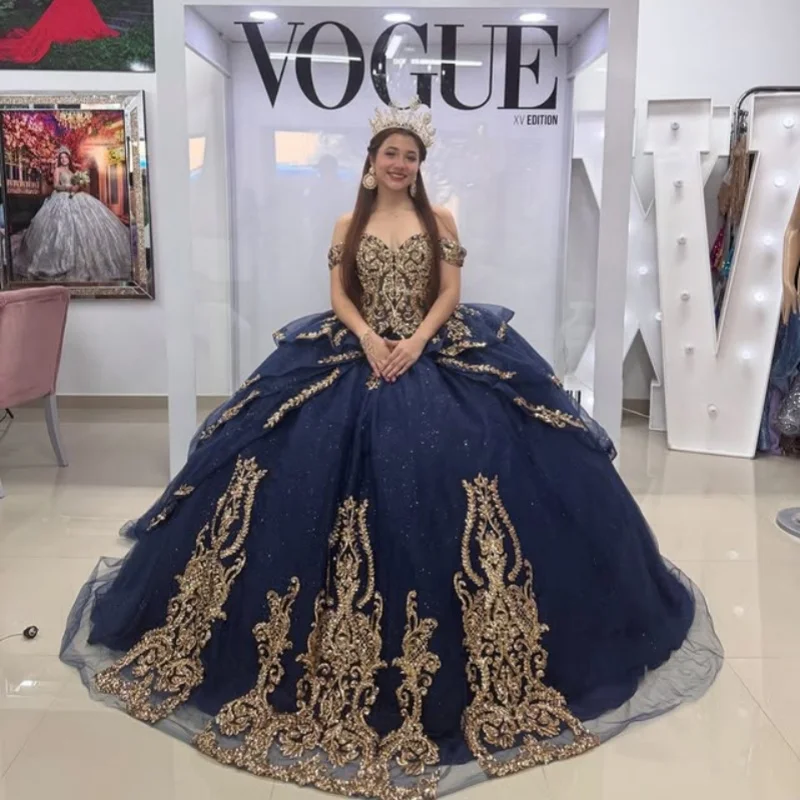 Customized royal blue Quinceanera Dresses Off the Shoulder golden sequin applique layering Tull Long tail Vestido 15 Quinceanera