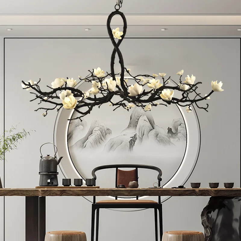 ثريا على شكل زهرة فرعية من النحاس بالكامل، ثريا غرفة الشاي الرجعية الهادئة الفاخرة