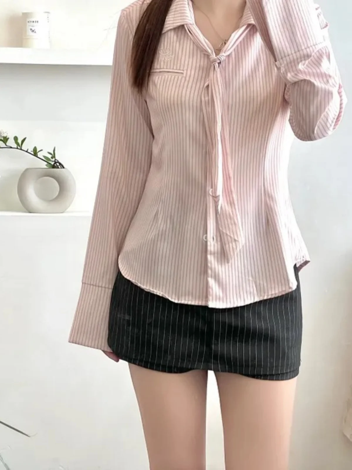 

Faionable High Waist ort f Skirt for Small Stature Women Striped Chic Design Korean Sle Commute A-Line Skirt