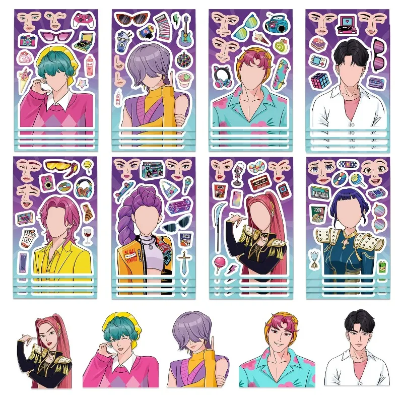 

new 2 cartoon anime boy and girl groups, waterproof and reusable puzzle stickers for children to DIY craft gift decoration