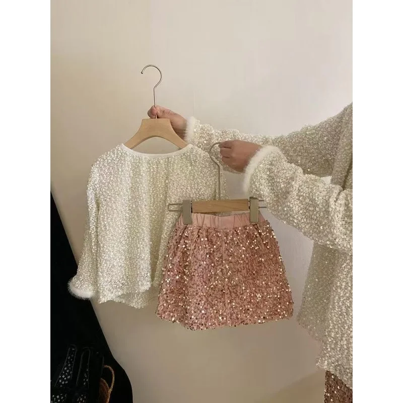 

90-140cm Girls' Korean-Style Spring and Autumn New Sequined Cuff Beaded Jacket Pink Skirt Two-Piece Set