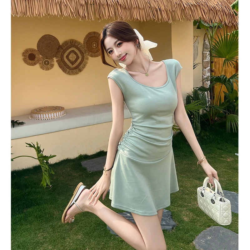 

Модное женское зеленое платье для похудения с U-образным вырезом, коротким рукавом, приталенное, А-силуэт, летнее, в стиле Pure Desire