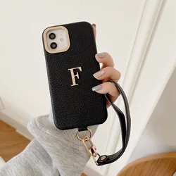 New Female Luxury Leather Custom Initial Hand Rope Small Gold Letters Phone Case For iPhone17 16 15 13 14ProMax 16Plus 13Promax