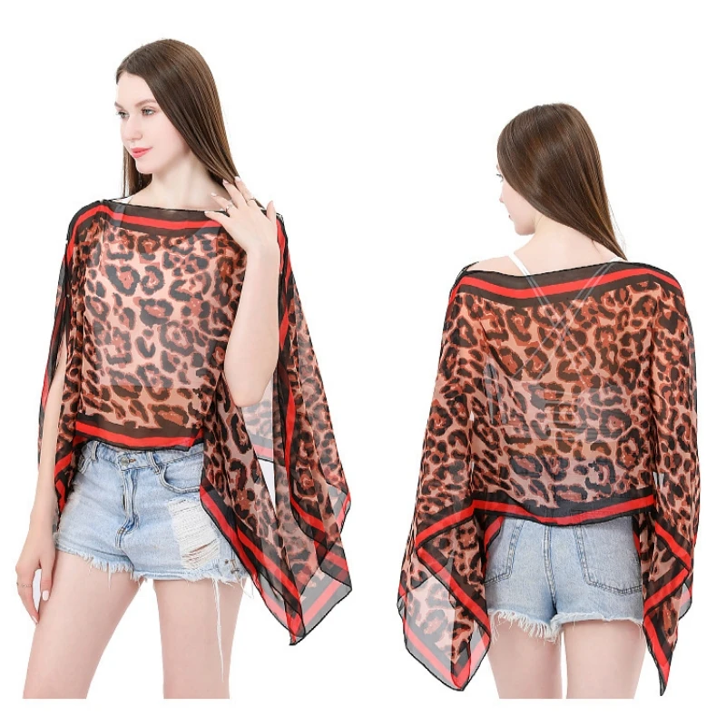 Women Sun Protection Shawl for Cycling Lady Summer Chiffon T-shirt Holiday Leopard Scarf Bikini Blouse Breathable Beach Wrap