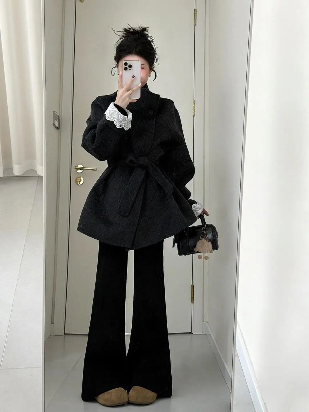 

plus Size Women's Korean Sle Bla ort Woolen Coat Spring New Belted Waist-Cinching Faionable Outerwear