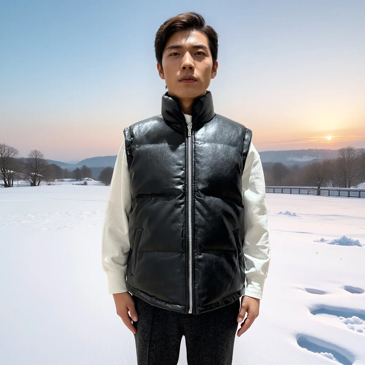 

Double-Sided Wear Du down Vest Men's Faionable Thiened Autumn Winter Outerwear PU Leather High-End 90 White Du down