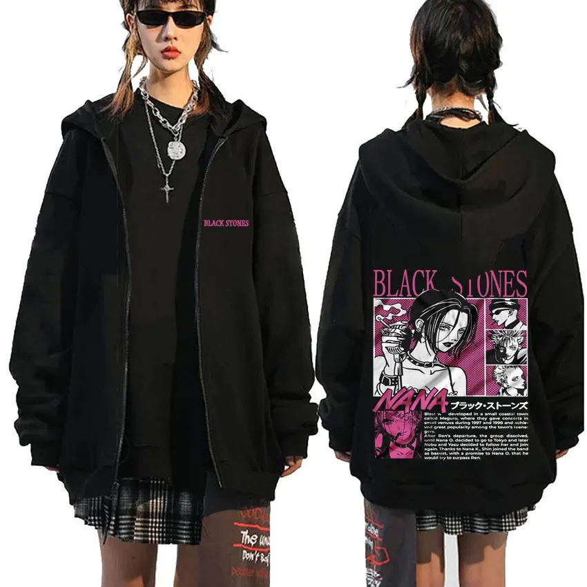 

Japanese Anime Oosaki Nana Zipper Hoodie Grunge Black Stones Print Zip Up Jacket Men Women Manga Fashion Trend Zip Up Sweatshirt