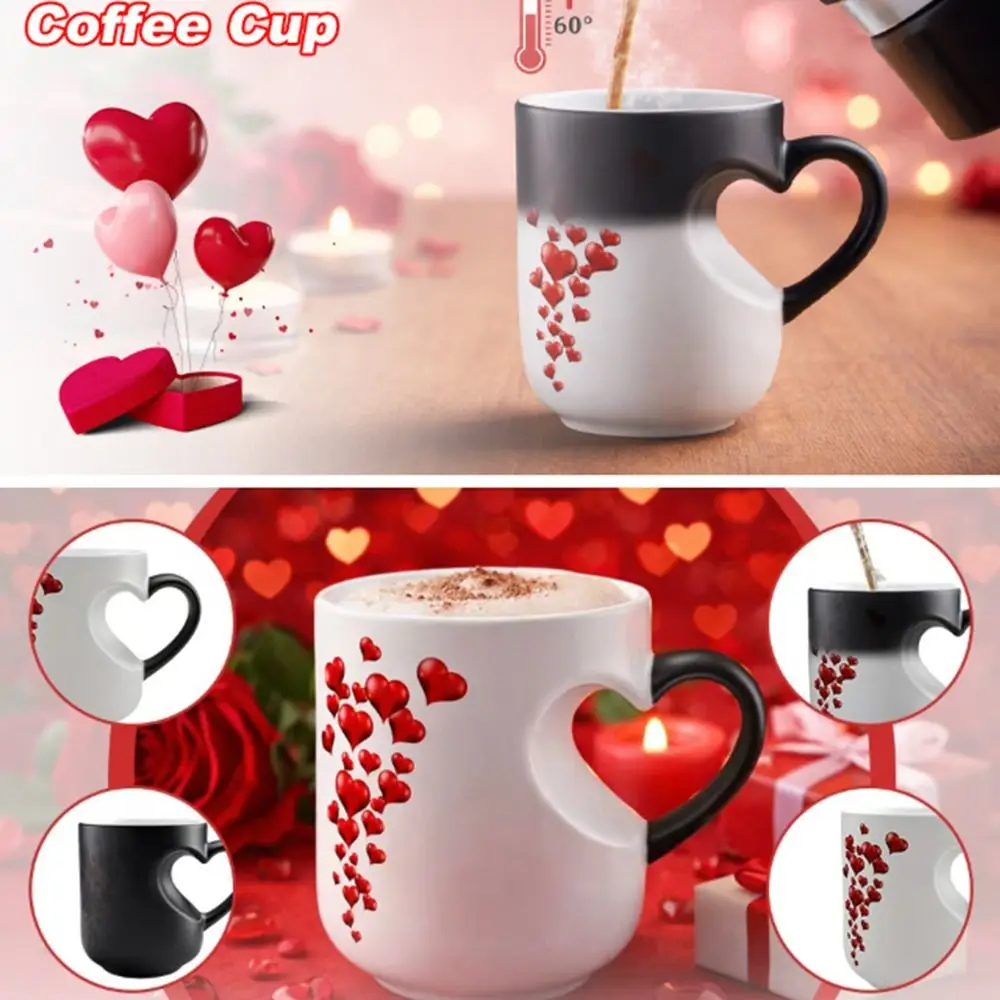 Creative Ceramic Color Changing Mug Heart-Shaped Thermochromic Reveal Coffee Mug 11oz Coffee Cup for Home&Office