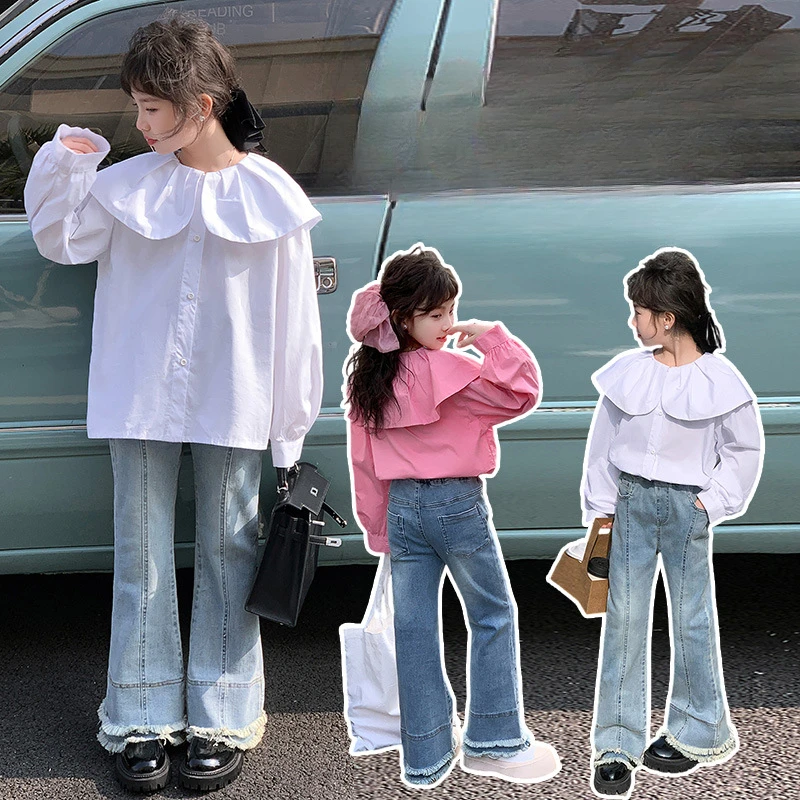 

Girls Blouses Lotus Collar Shirt Set Spring 2024 New Little Girl Simple Casual Style All-match Top Korean Simple Style Children