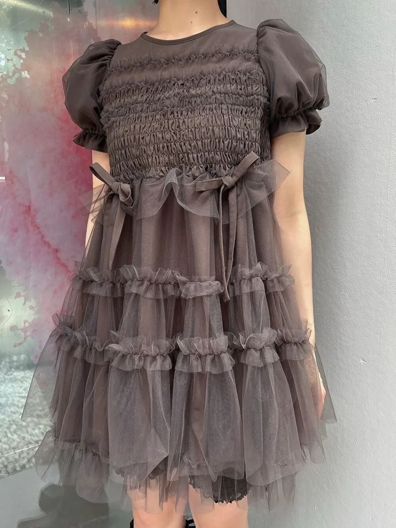 Sweet Cute Dress Japanese Lolita Style Elegant Sheer Puff Sleeves A-Line Short-Sleeved Tie Waist Short Dresses Kawaii Vestidos