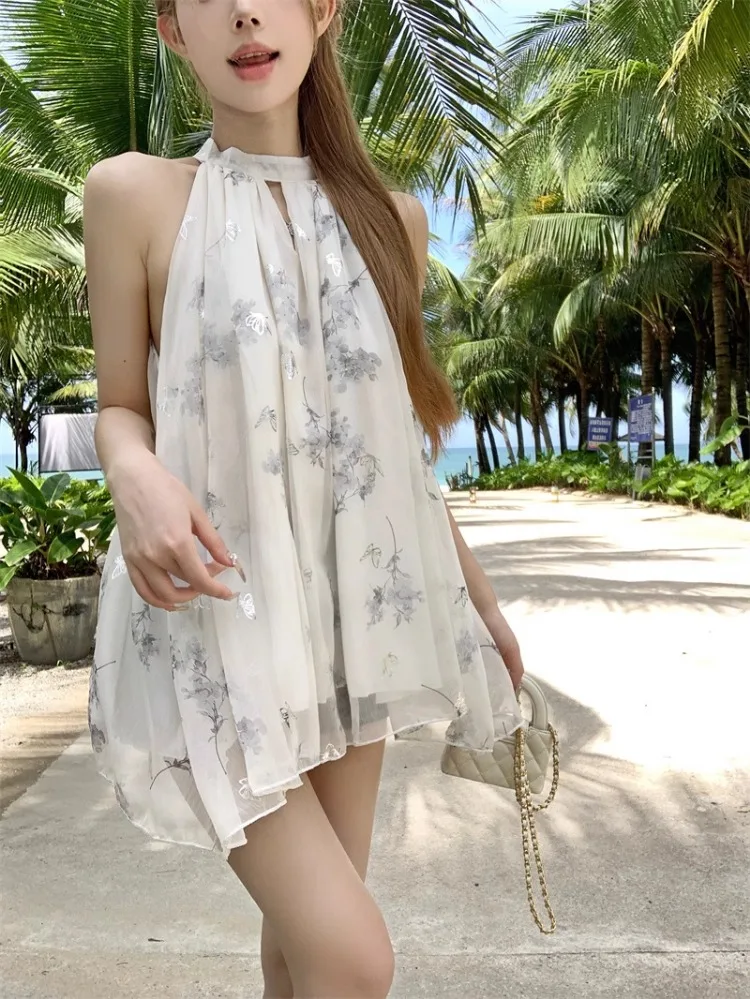 Ezgaga Blouse Women Floral Printed Sleeveless Halter Hollow Out Vintage Temperament Shirts Ladies Loose Summer Casual Tops