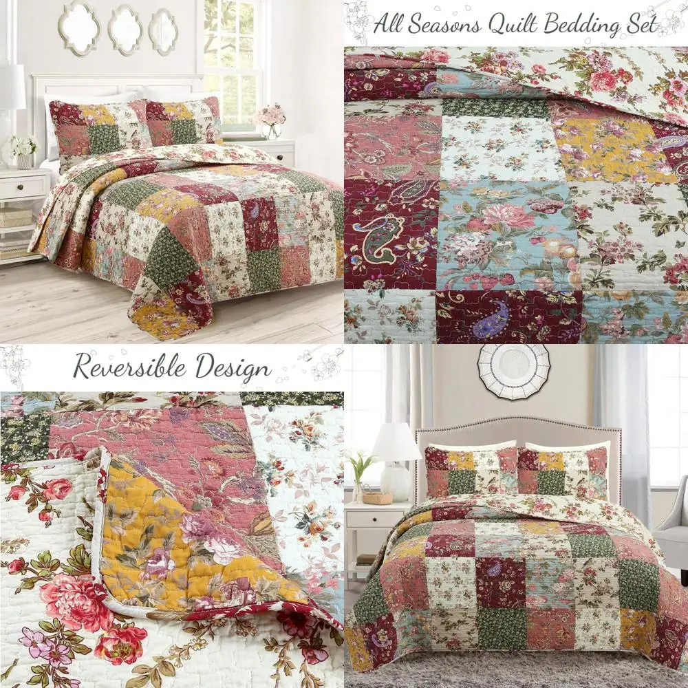 

Luxury Cotton Floral Paisley Burgundy Red Reversible Quilt Set Coverlet Bedspread Bedding Patchwork Comfort