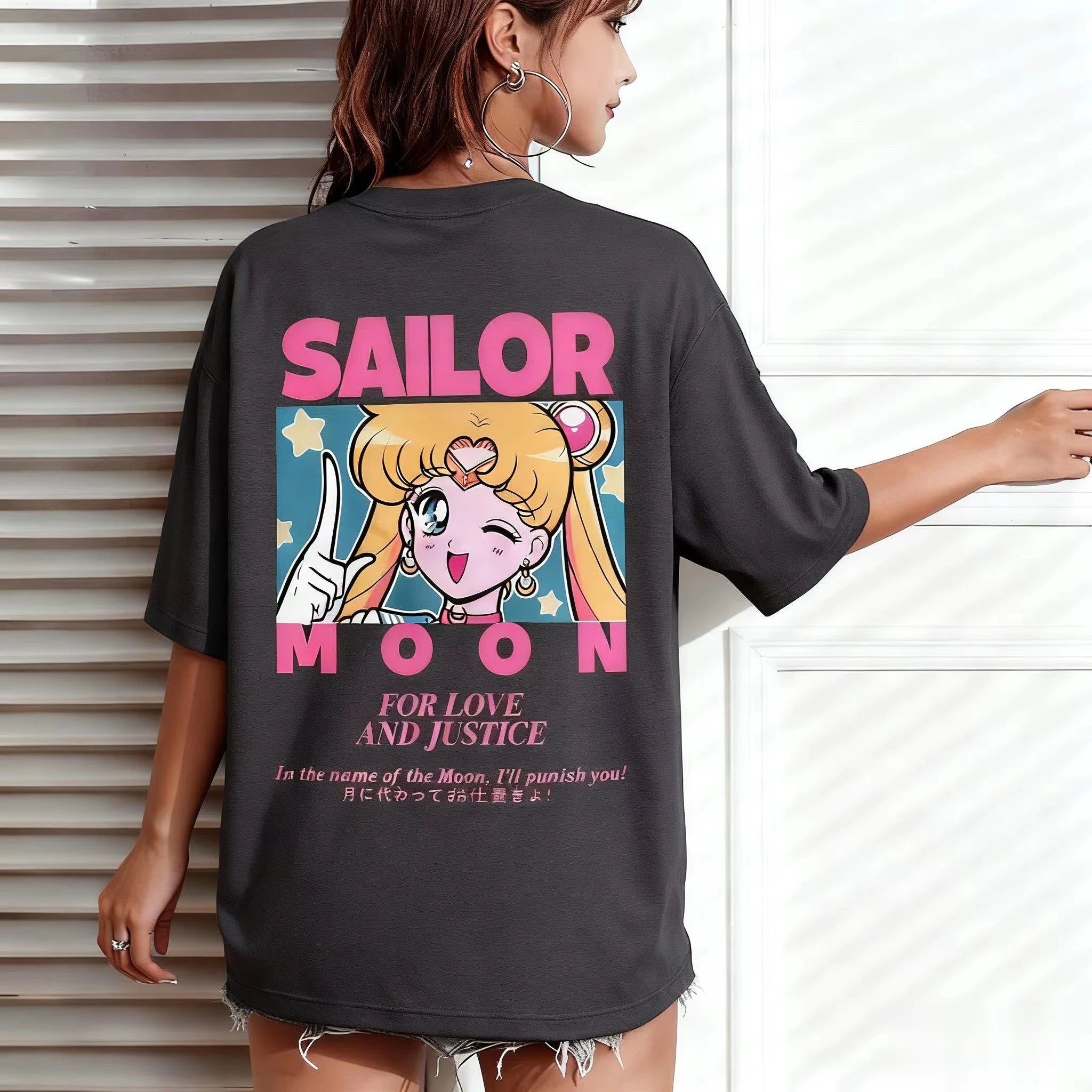 Übergroßes Lässiges Sailor Moon Damen T-Shirt Anime-Druck Kurzarm Grafik-T-Shirt Kawaii Sommer Mode Y2k Kleidung