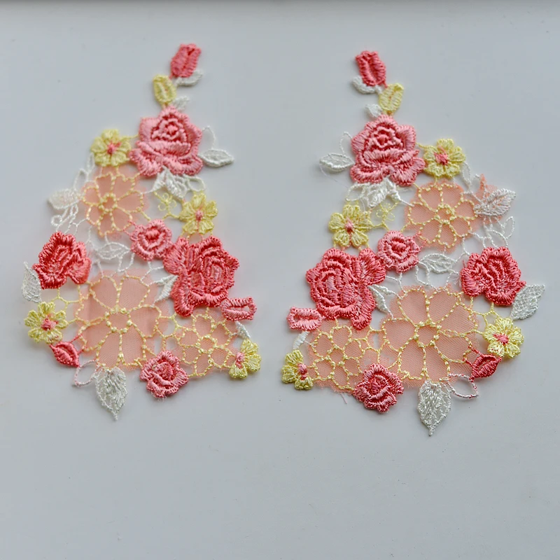 1 Pair Pink Orange Sew On Embroideried Flowers Patch Clothes DIY Patches for Clothing T-shirt Dress Decoration