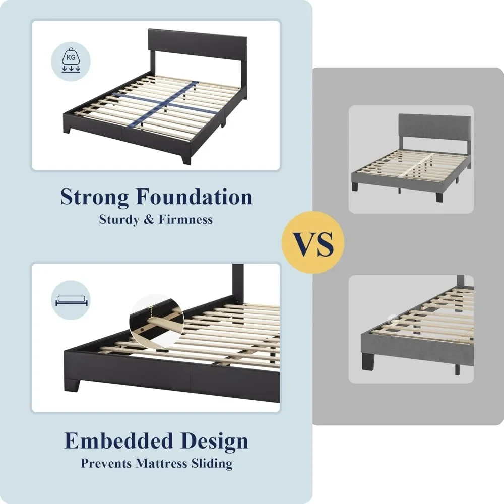 Queen-Bett-Rahmen mit verstellbarem Kopfteil, Kunstleder-Plattform bett mit Holz latten, kein Box spring benötigt, geräuschlos