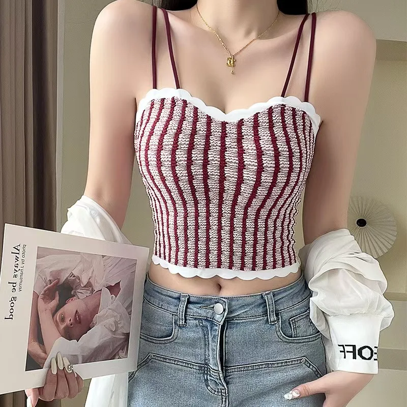 Comfortable Highly Elastic Tank Top with Built-in Bra Padding Slimming Wave Lace Trim Versatile Wearable Alone