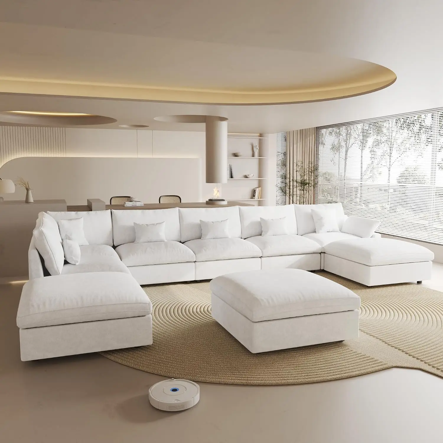 U Shaped Sectional Sofa with Storage Ottoman, Down Filled 9 Seater Convertible Sleeper, 190