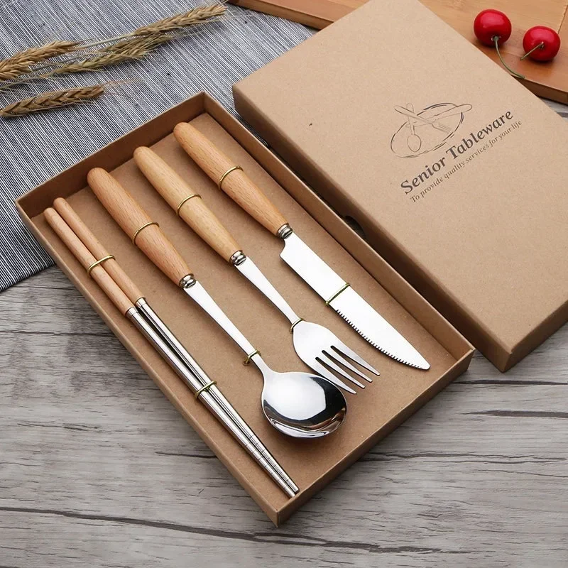 

H1 Wooden Handle Tableware Set Western Food Steak Knives and Forks Stainless Steel Chopsticks Spoons Four-piece Gift Box