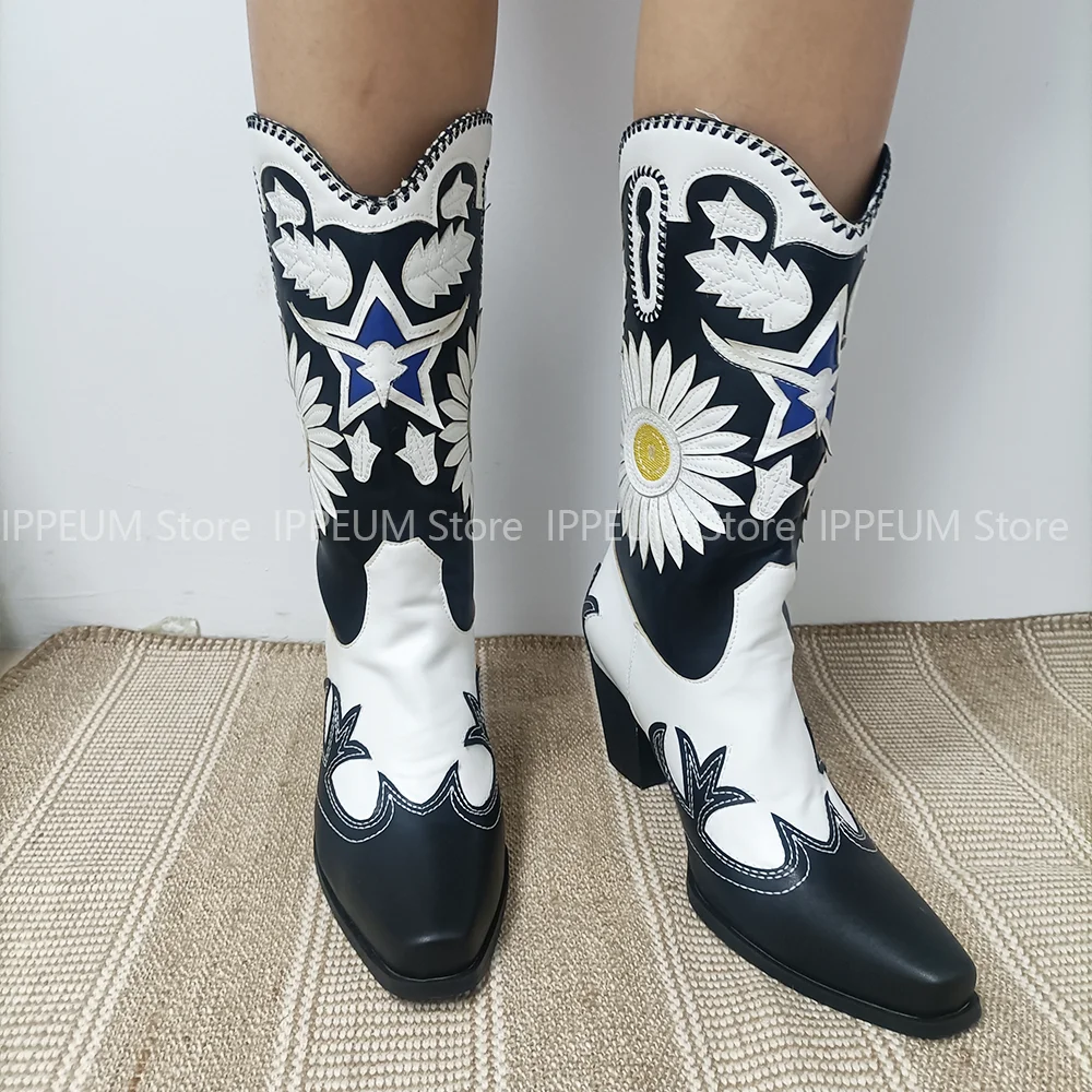 IPPEUM Western Cowgirl Boots Flower Cowboy Boots Chunky Heels Wedge Boots Women Shoes Winter Sunflower Boots Luxury Brands