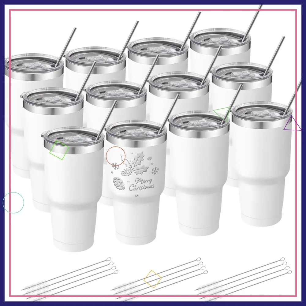 

Набор из 12 термокружек из нержавеющей стали с крышкой и соломинкой, с двойными стенками и вакуумной изоляцией, для кофе, подарок своими руками, белый цвет, 30 унций