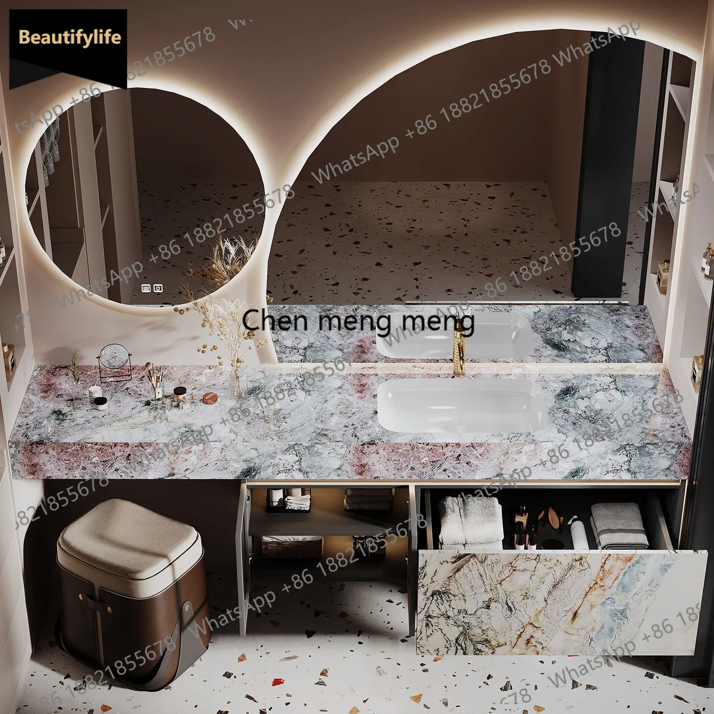 

C139 Hotel style vanity bathroom cabinet combination rock slab seamless ceramic basin toilet washstand