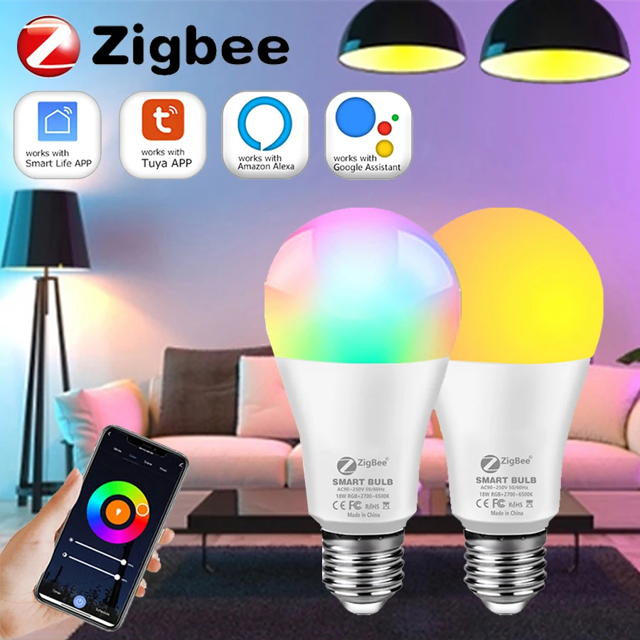 

Умные светодиодные лампы Zigbee 3,0, E27, 18 Вт, 15 Вт, 12 Вт, RGB + WW + CW, с регулируемой яркостью, голосовым управлением и управлением через приложение, для спальни, украшение гостиной