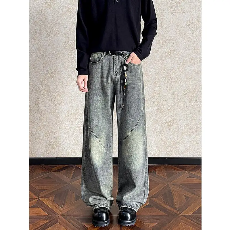 

Straight leg jeans men Retro nostalgic denim trousers baggy new long jeans Personalized Patched Pants Dragged denim jeans