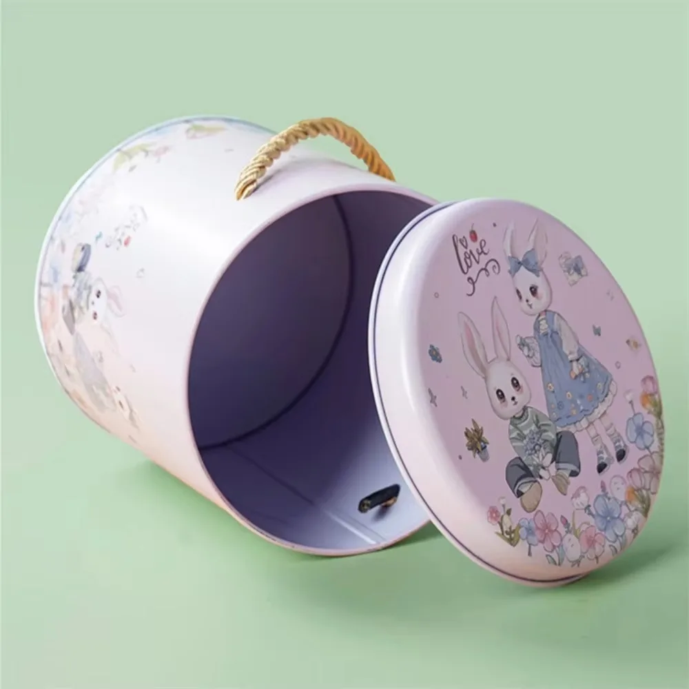 Cartoon Rabbit Printed Tinplate Candy Chocolate Boxes Metal Empty Biscuit Packaging Iron Can Happy Easter Round