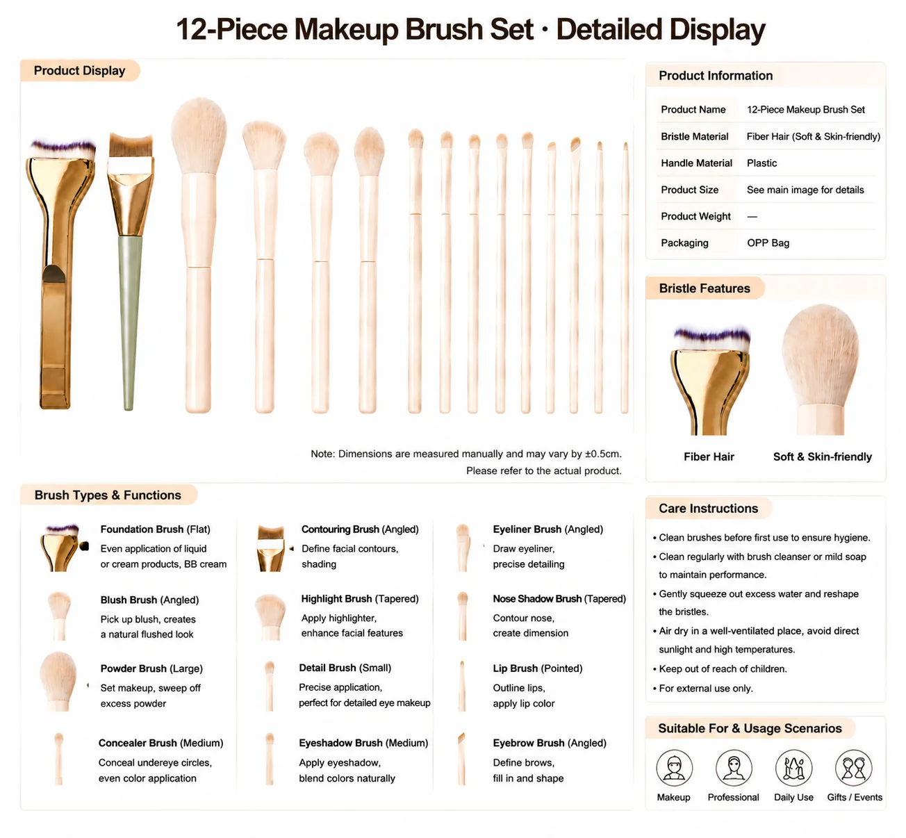 Professional 12PCS Makeup Brush Set with Foundation Brush, Powder Brush, Eyeshadow Brushes for Face & Eye Makeup