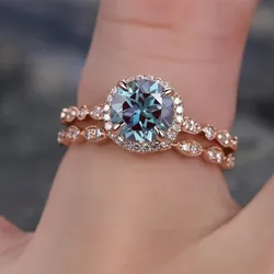 Huitan Luxury Trendy Ring Set for Women Round Blue Cubic Zirconia Chic Engagement Wedding Double Rings Fashion Female Jewelry