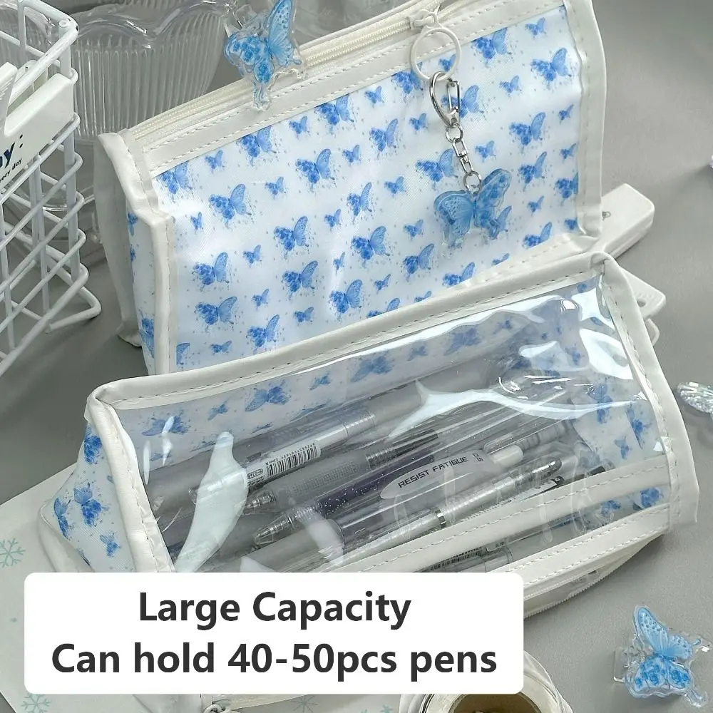 High Quality Floral Print Pen Bag Double Layer Transparent Pencil Case Large Capacity Pen Pouch Students