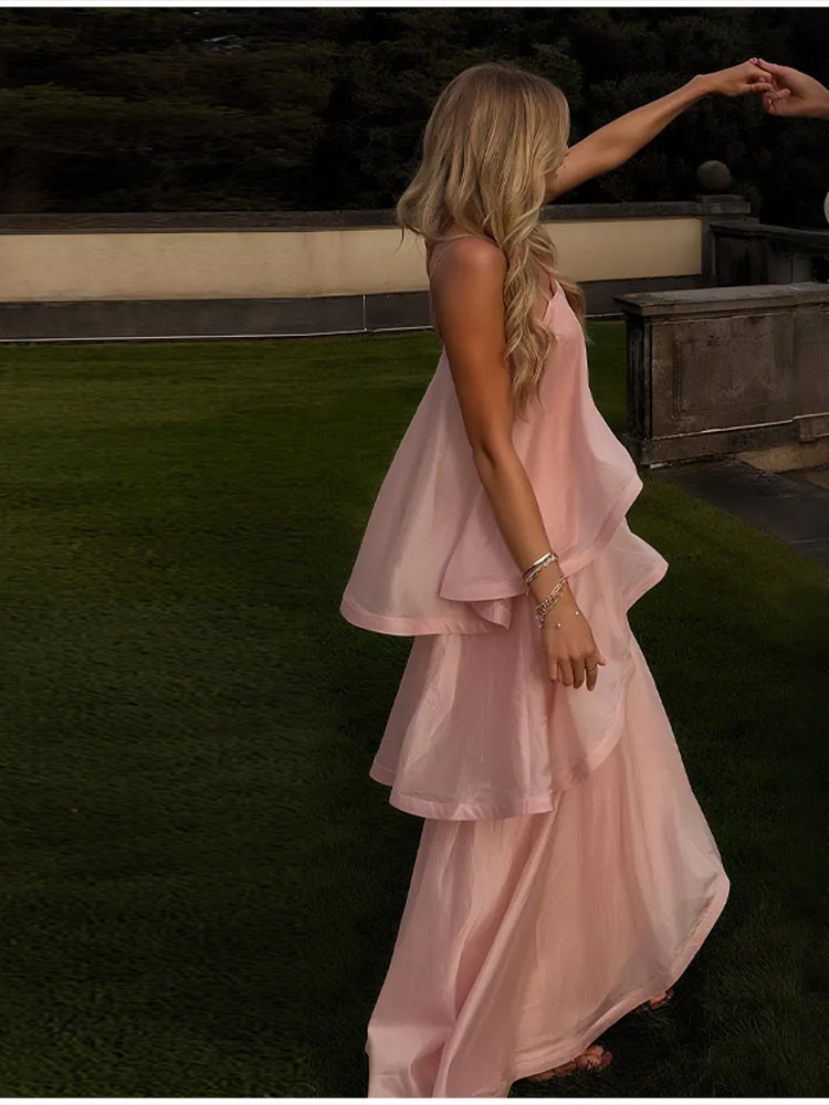 Chique doce rosa camada bainha halter vestido sem mangas uma linha festa maxi vestidos elegantes longos 2026 sólido commuter robes