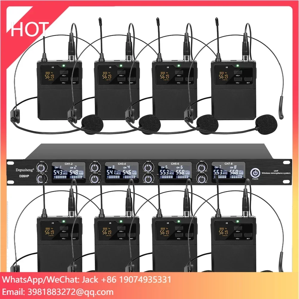 

OEM D28XP 8 Channel UHF True Diversity Wireless Microphone System 8 Headsets For Speaking Conference Room